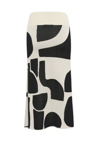 Strickrock mit einem cremeweißen Untergrund und einem auffälligen schwarzen abstrakten Muster. Das Design umfasst verschiedene Formen und Kurven, die Struktur verleihen.