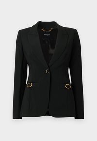 Μαύρο σακάκι με κομψό σχεδιασμό, κούμπωμα με ένα κουμπί, δύο πλαϊνές τσέπες με χρυσές λεπτομέρειες και γιακάδες με χαραγμένη άκρη. Λείο ύφασμα.