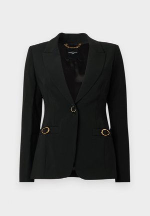 Blazer nero con design elegante, chiusura con un solo bottone, due tasche laterali con dettagli dorati e rever a lancia. Tessuto dalla texture liscia.