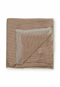 Écharpe rayée dans des tons de brun et de beige, avec un tissu transparent aux bords effilochés. Le design alterne entre des rayures sombres et claires.
