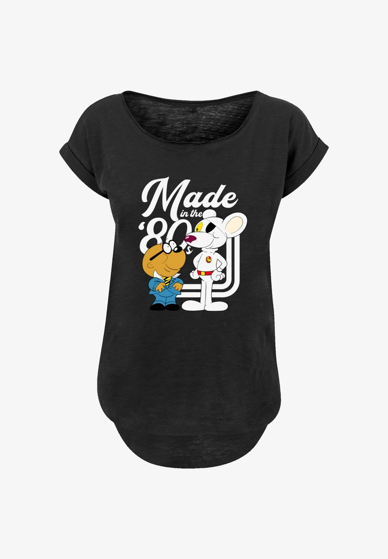 Black T-shirt featuring a cartoon design of two characters, with text "Made in the '80s." Soft fabric, loose fit, curved hem.