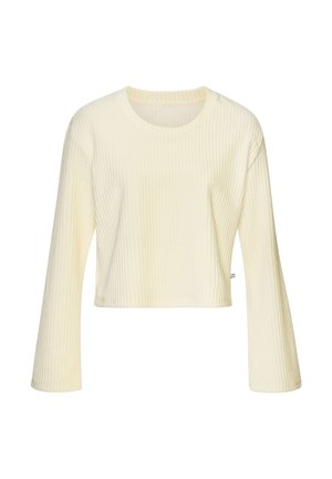 Hellcremiges, langärmliges, geripptes Crop-Top mit rundem Ausschnitt und geradem Saum vor weißem Hintergrund.