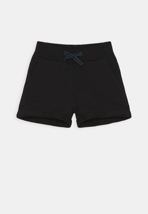 Pantalones cortos casuales negros con cintura elástica, bolsillos delanteros y cordón ajustado en el centro.