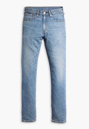 Helltürkise Jeans aus Denim mit geradem Bein, fünf Taschen, kontrastierenden Nähten und einem Knopf- sowie Reißverschlussverschluss an der Taille.