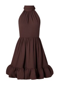 Brown halter dress with a gathered neckline, fitted bodice, and flared ruffled hem. Made of smooth fabric with a solid color and no patterns.