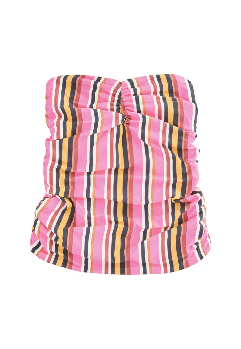 Top senza spalline in strisce verticali rosa, arancioni e marroni. Presenta una texture arricciata e un effetto drappeggiato. Tessuto liscio con zone elastiche.