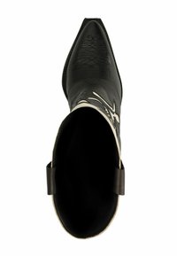 Zwarte leren cowboylaars met een spitse neus, gedetailleerde gegraveerde patronen, contrasterende witte accenten en een gladde binnenkant.