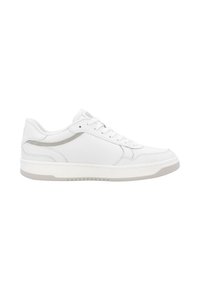 White leather sneaker with rounded toe, lace-up design, and gray accents. Features textured side panel and a flat rubber sole.