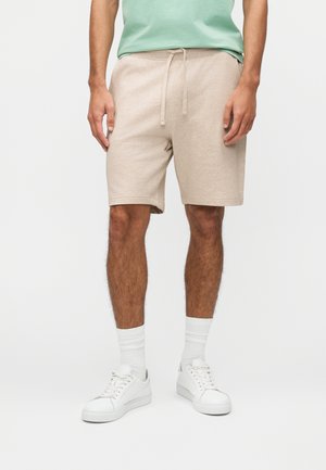Mand iført beige shorts med snøre, mintgrøn t-shirt, hvide sokker og hvide sneakers stående mod en hvid baggrund.