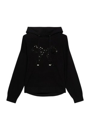 Zwarte hoodie met een losse pasvorm, voorzien van een pailletten strikontwerp op de voorkant en verstelbare trekkoorden bij de halslijn.
