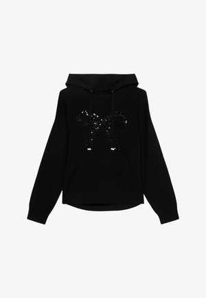 Zwarte hoodie met een losse pasvorm, voorzien van een pailletten strikontwerp op de voorkant en verstelbare trekkoorden bij de halslijn.