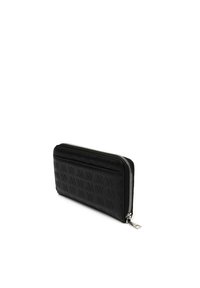 Black zip-around wallet with embossed 'M' pattern, smooth texture, and silver hardware. Compact rectangular design for easy handling.