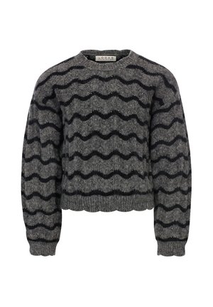 Grijze cropped trui met zwarte golvende strepen, ronde halslijn en geribbelde manchetten. Gemaakt van een gestructureerd breimateriaal.