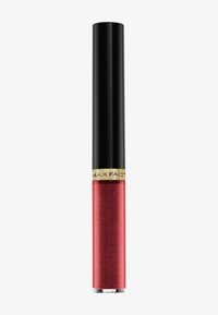 Lip gloss in a transparent tube with a black lid. Bright red color with fine glitter, gold band with "MAX FACTORY" label.