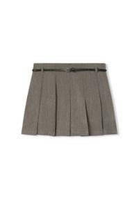 Gonna plissettata grigia con cintura, dotata di una cintura nera. Realizzata in tessuto testurizzato, presenta strisce verticali e un orlo dritto.