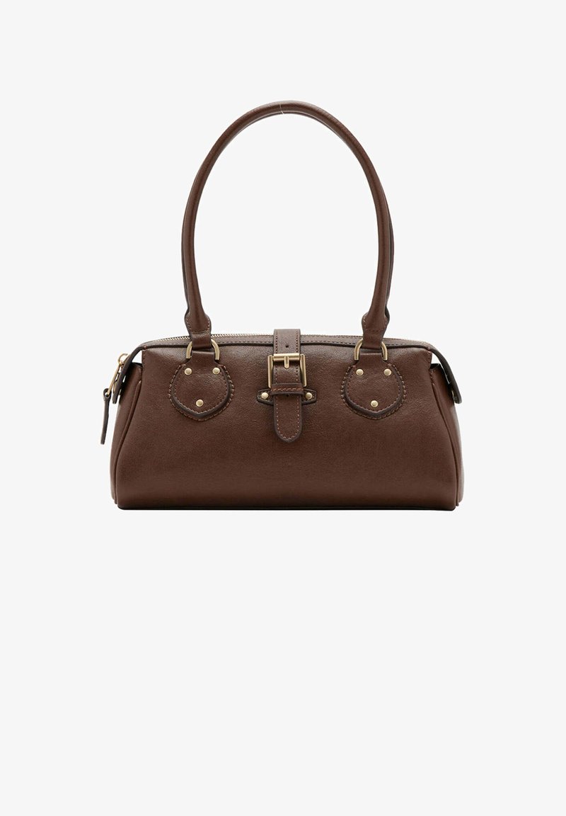 Sac à main en cuir marron avec deux poignées, une sangle centrale à boucle et des ferrures dorées, présenté sur fond blanc.