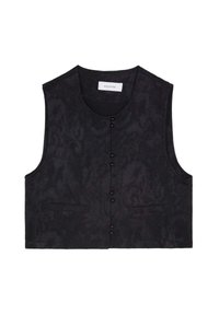 Svart ärmlös väst gjord av strukturerat tyg med knappstängning framtill och två framfickor. Enkel, modern design utan ytterligare dekorationer.