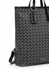 Black and gray tote bag with a geometric pattern, textured material, dual top handles, and a detachable keychain tag.