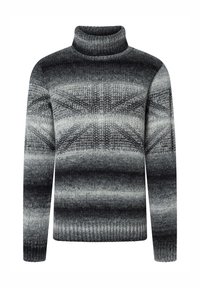 Pullover mit hohem Rollkragen, gefertig aus weichem grauen Garn, mit einem Farbverlauf von dunklen zu hellen Farbtönen. Strukturierte Gestaltung über das gesamte Stück.