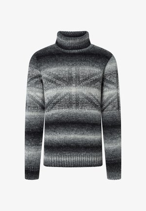 Trui met hoge col, vervaardigd uit zacht grijs garen, met een gradientpatroon van donkere naar lichte tinten. Textuurontwerp over het hele oppervlak.