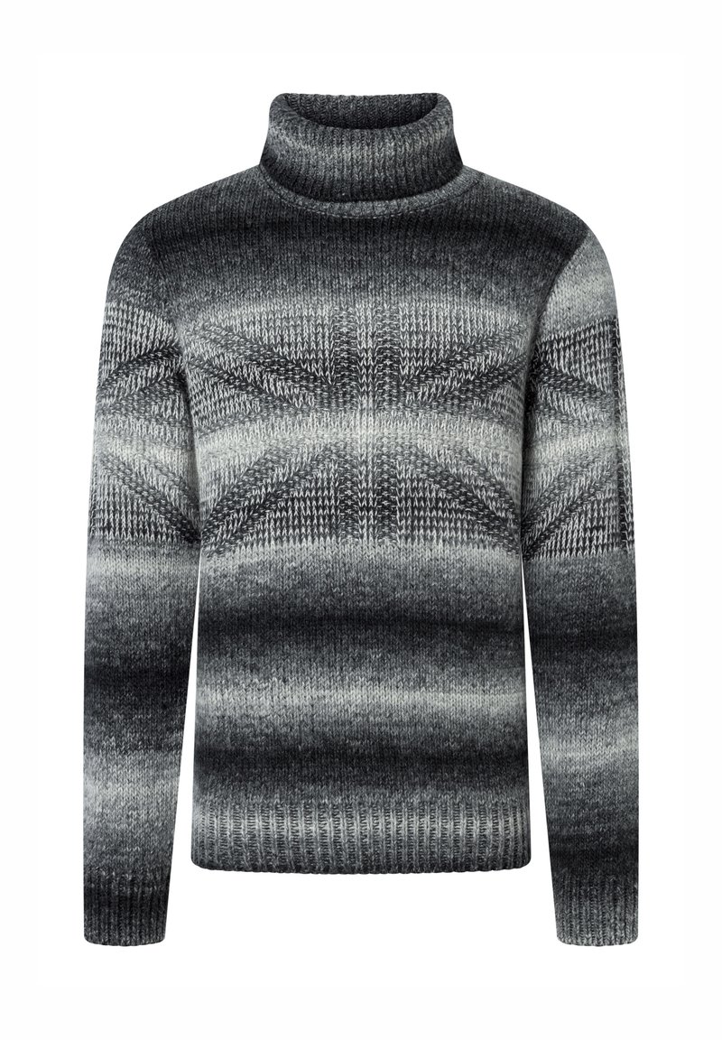 Pullover mit hohem Rollkragen, gefertig aus weichem grauen Garn, mit einem Farbverlauf von dunklen zu hellen Farbtönen. Strukturierte Gestaltung über das gesamte Stück.