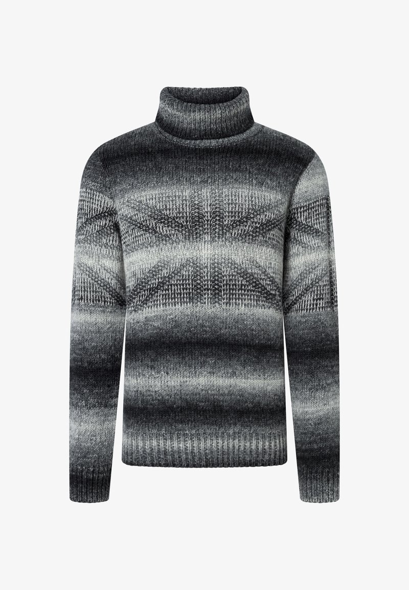 Pullover mit hohem Rollkragen, gefertig aus weichem grauen Garn, mit einem Farbverlauf von dunklen zu hellen Farbtönen. Strukturierte Gestaltung über das gesamte Stück.