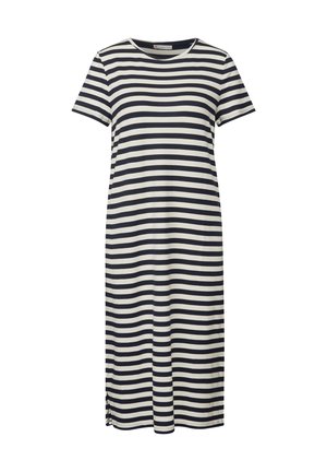 Raidalliset pitkät hihat ilman vaatteet, joissa on merensiniset ja kermanvalkoiset vaakaraidat, pyöreä kaula-aukko ja sivuaukot liikkumisen helpottamiseksi.