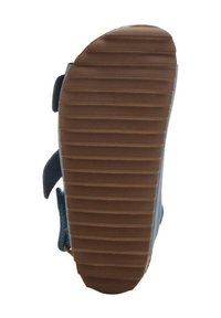 Suola in gomma marrone con scanalature orizzontali, tomaia in tessuto blu morbido, dotata di cinturini regolabili sui lati per una vestibilità sicura.