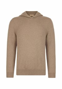 Beige Strick-Hoodie mit langen Ärmeln, gerippten Bündchen und Saum sowie einer V-Stich-Detail unter dem Kragen.