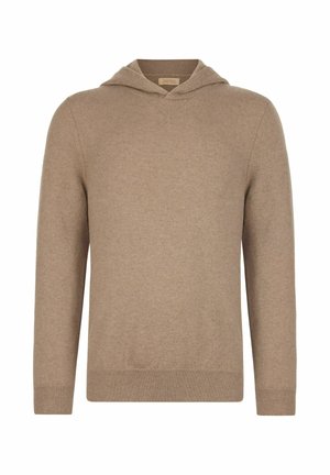 Beige striktrøje med lange ærmer, ribbede mans Jetter og kant, samt en V-syning detalje under halsudskæringen.