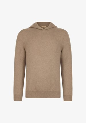 Beige striktrøje med lange ærmer, ribbede mans Jetter og kant, samt en V-syning detalje under halsudskæringen.