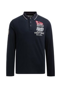 Langärmeliges dunkelblaues Poloshirt mit weißer Kragenumrandung, vorne bestickt mit Text und Grafiken, aus einer weichen Baumwollmischung gefertigt.