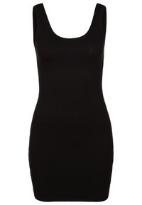 Musta bodycon-mekko, jossa on pyöreä pääntie. Valmistettu sileästä, venyvästä kankaasta, jossa ei ole näkyviä kuvioita tai koristeita. Lyhyt pituus.