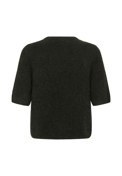 Pull en maille gris foncé à manches courtes avec encolure ronde et ourlet droit, montré de dos sur fond blanc.