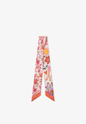 Foulard en soie avec des motifs floraux roses, rouges et orange, des motifs de la Tour Eiffel, des cœurs et des dessins de soleil, terminé par des pointes orange.