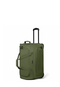 Bolsa de viaje enrollable en verde olivo con dos asas laterales y un asa retráctil negra. Cuenta con múltiples compartimentos con cremallera y una base resistente.