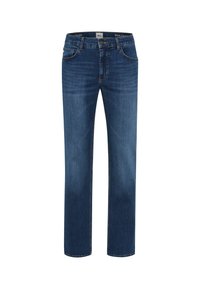 Jeans in denim con un lavaggio blu scuro, caratterizzati da un taglio dritto, design a cinque tasche e cuciture a contrasto. Il materiale appare liscio con una leggera texture.