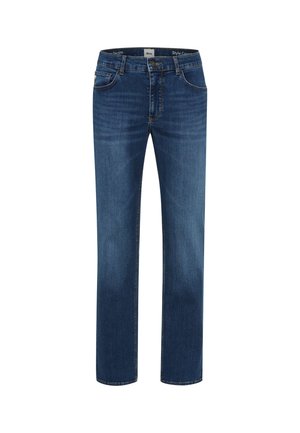 Dunkelblaue Denim-Jeans mit geradem Schnitt, Fünf-Taschen-Design und Kontrastnähten. Das Material wirkt glatt mit leichtem Struktur.