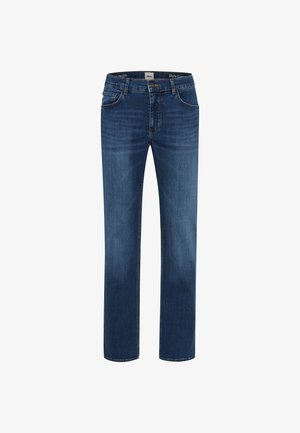 Dunkelblaue Denim-Jeans mit geradem Schnitt, Fünf-Taschen-Design und Kontrastnähten. Das Material wirkt glatt mit leichtem Struktur.