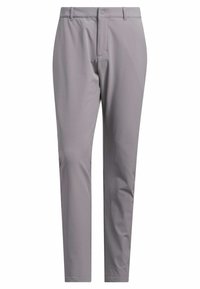 Pantalon gris ajusté en tissu lisse et léger ; doté d'une fermeture éclair, d'un bouton de fermeture et d'un devant plat, avec un minimum de détails.