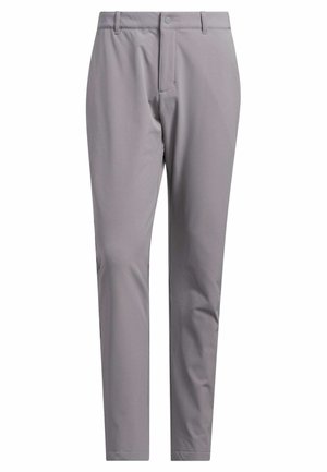 Gray, tailored trousers in a smooth, lightweight fabric; features a zip fly, button closure, and flat front, with minimal detailing.