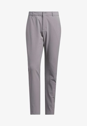 GRAUE, maßgeschneiderte Hose aus einem glatten, leichten Stoff; verfügt über einen Reißverschluss, einen Knopfverschluss und eine flache Vorderseite mit minimaler Detailgestaltung.