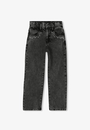 Jeans en denim noir avec taille haute, coupe droite, ornés d'accents de gemmes sur les poches avant, avec une ceinture standard et des coutures.