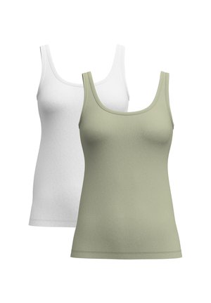 Twee mouwloze tanktops, één lichtgroen aan de voorkant en één wit erachter, beide met ronde halslijnen en een eenvoudig ontwerp.