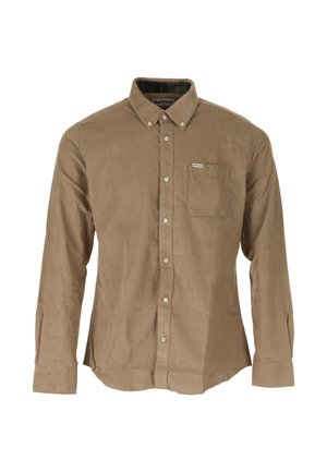 Bruine corduroy blouse met lange mouwen, button-down kraag, borstzak vooraan en knoopsluiting in het midden.
