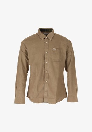 Bruine corduroy blouse met lange mouwen, button-down kraag, borstzak vooraan en knoopsluiting in het midden.