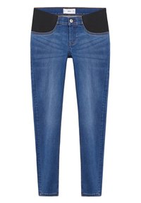Jean skinny bleu avec panneaux en tissu extensible noir aux hanches et fermeture à boutons sur le devant.