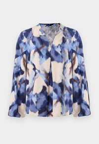 Mehrfarbige Bluse mit einem aquarellierten blauen, beigen und braunen abstrakten Muster. Verfügt über lange Ärmel und ein V-Ausschnitt-Design.