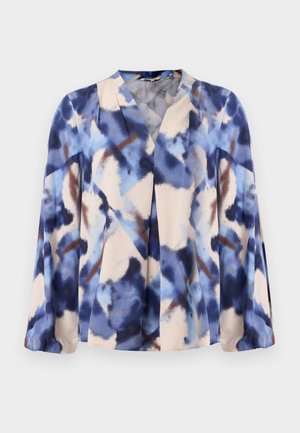 Multicolored blouse with a water-colored blue, beige, and brown abstract pattern. Features long sleeves and a V-neckline design.