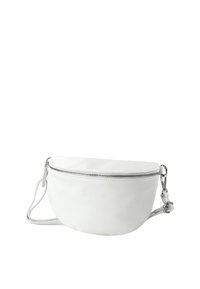 White leather shoulder bag with a curved silhouette, textured finish, silver zipper closure, and adjustable strap. Compact design.